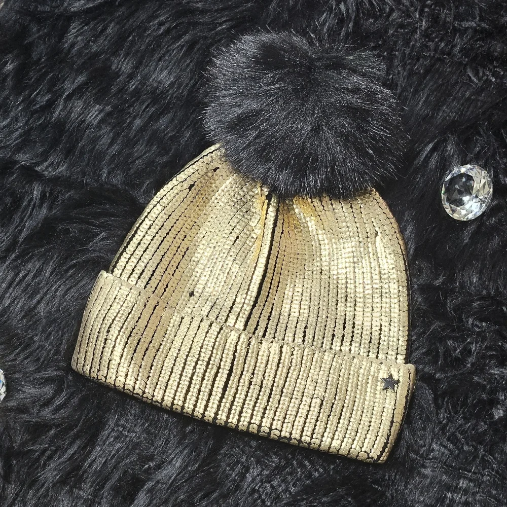 Jocelyn Hat Beanie Gold Metallic Real Dyed Fox Fur Knit Modern Fall Winter Gift